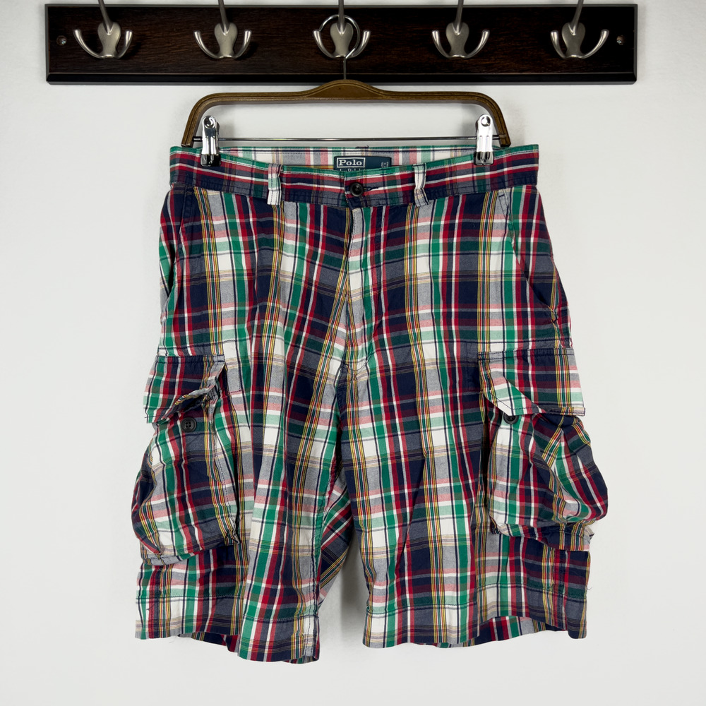 Polo Ralph Lauren Madras Patchwork Cargo Shorts Size 34 Coastal Preppy Golf VTG